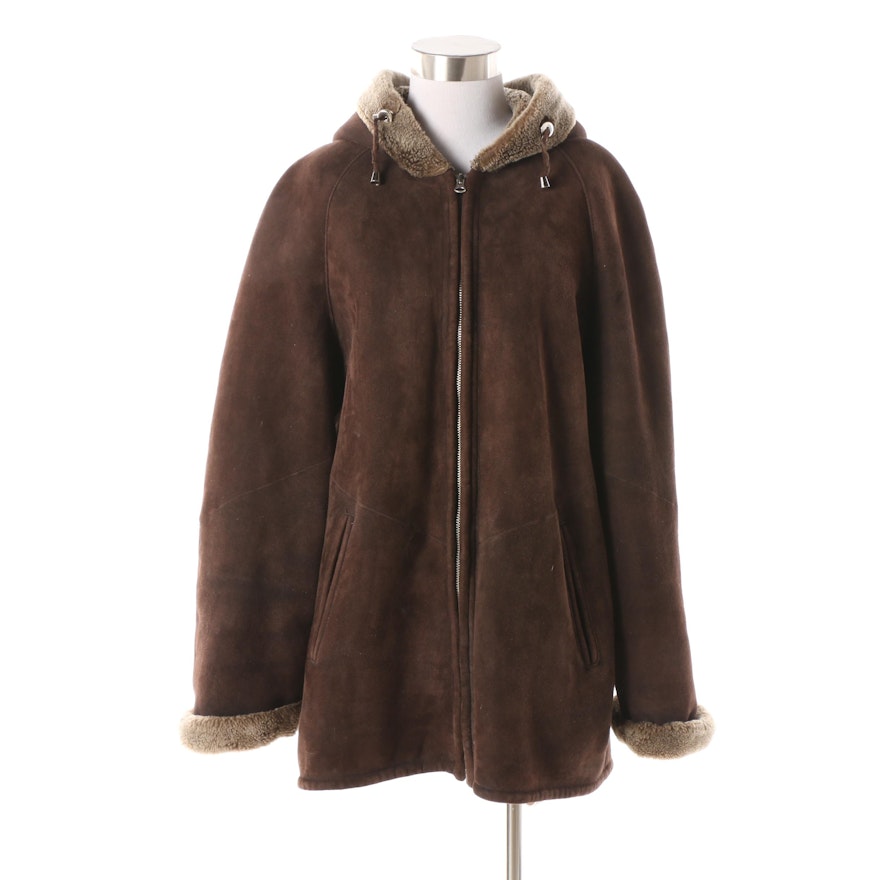 Women's Orion Leather Hooded Shearling Zip-Front Coat