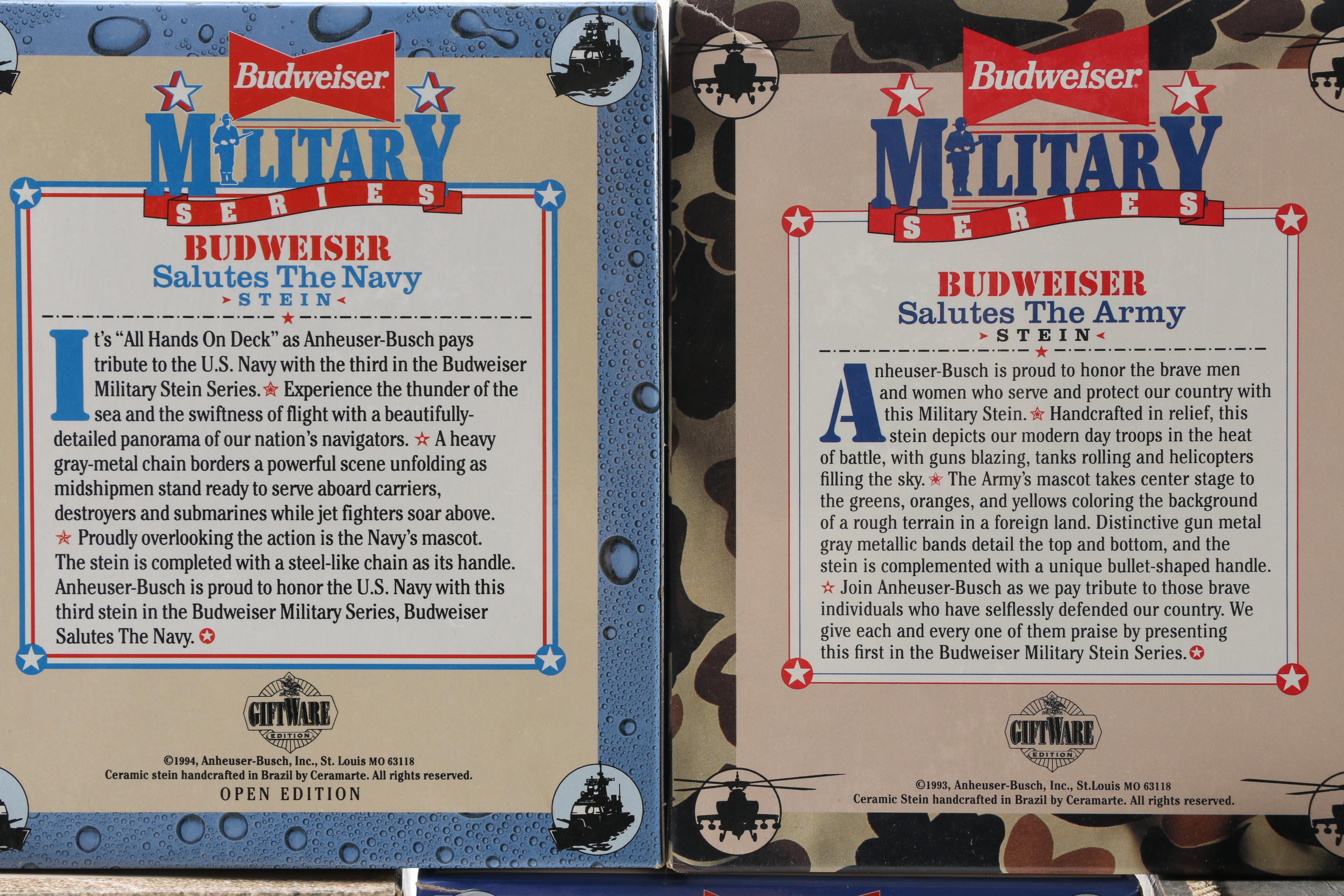 Budweiser "Military Series" Ceramic Beer Stein Collection, Mid-1990s