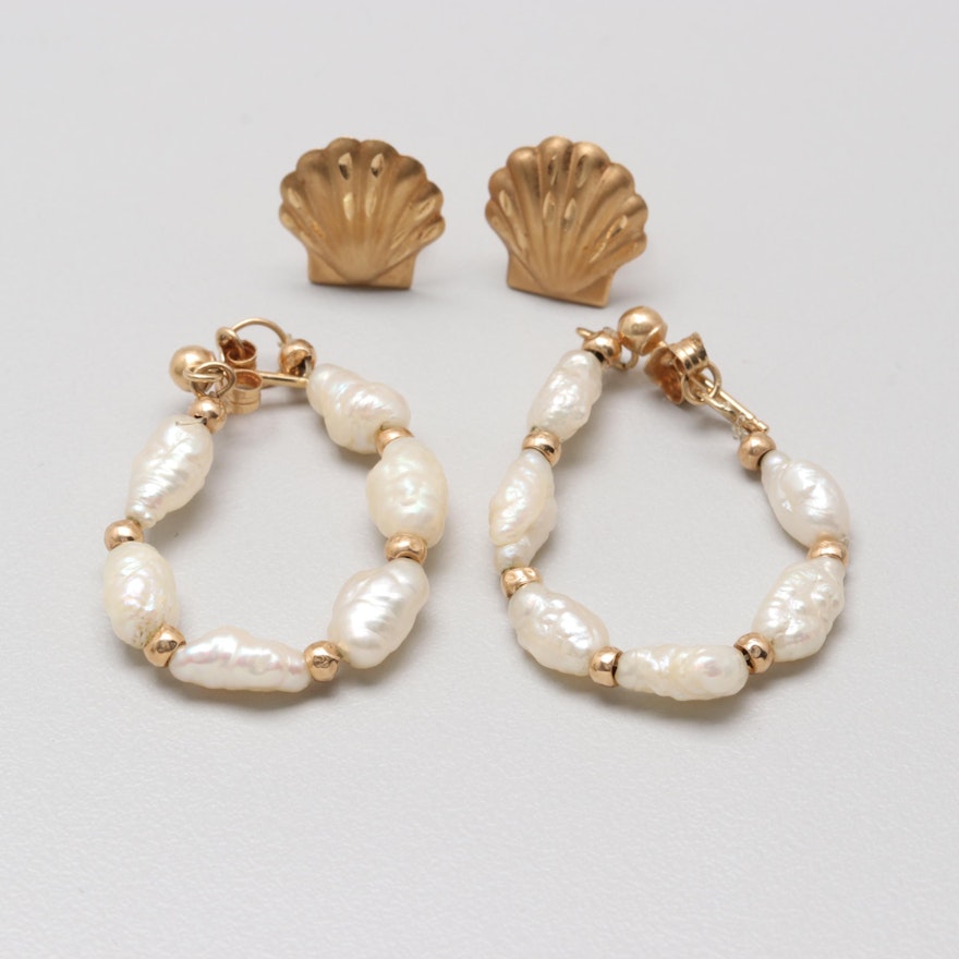 14K Yellow Gold Cultured Pearl and Seashell Stud Earrings