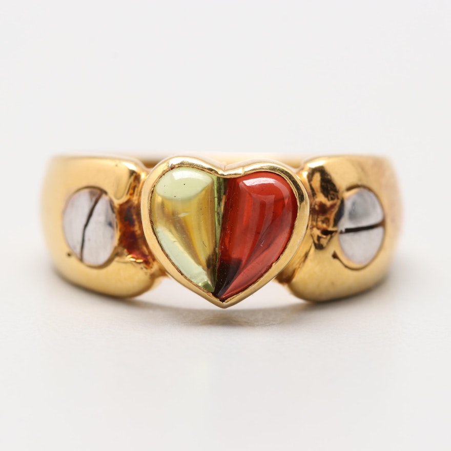 14K Yellow Gold Peridot and Garnet Heart Ring