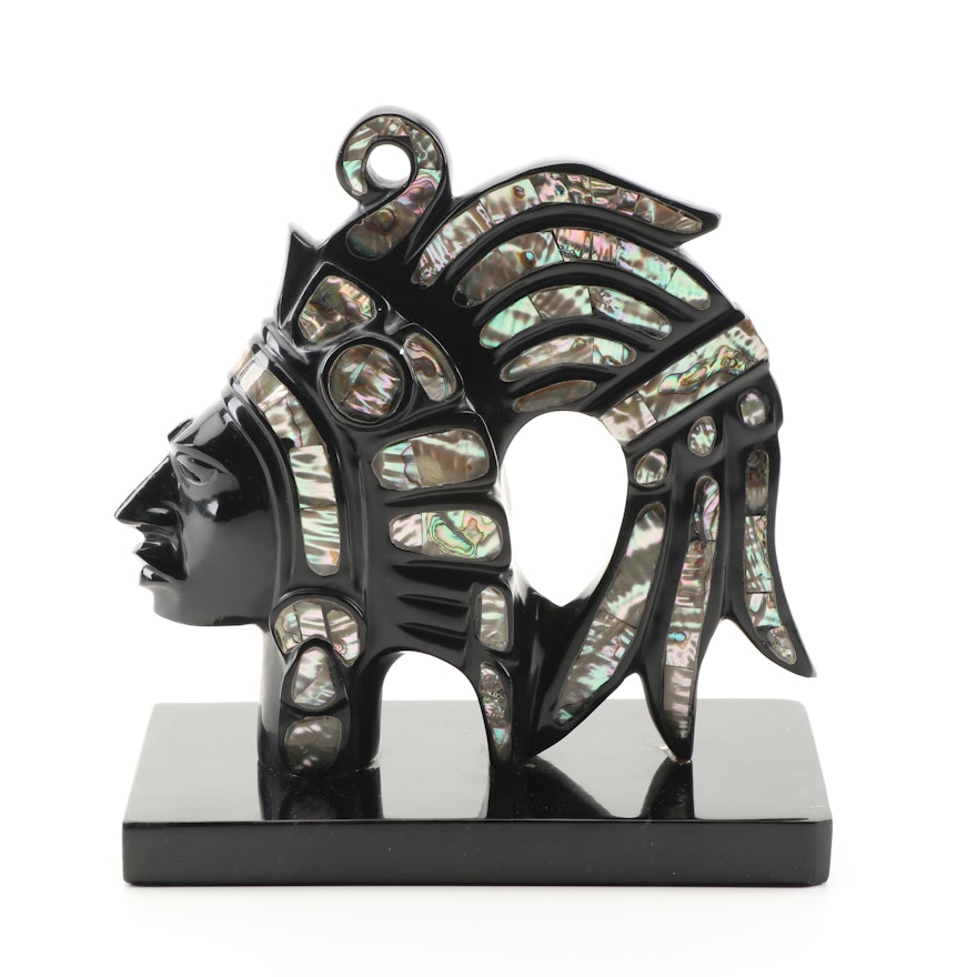 Central American Style Stone Sculpture with Abalone Inlay