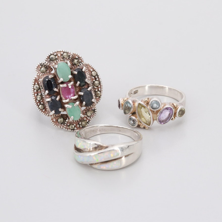 Assorted Sterling Silver Amethyst, Blue Sapphire and Imitation Opal Rings