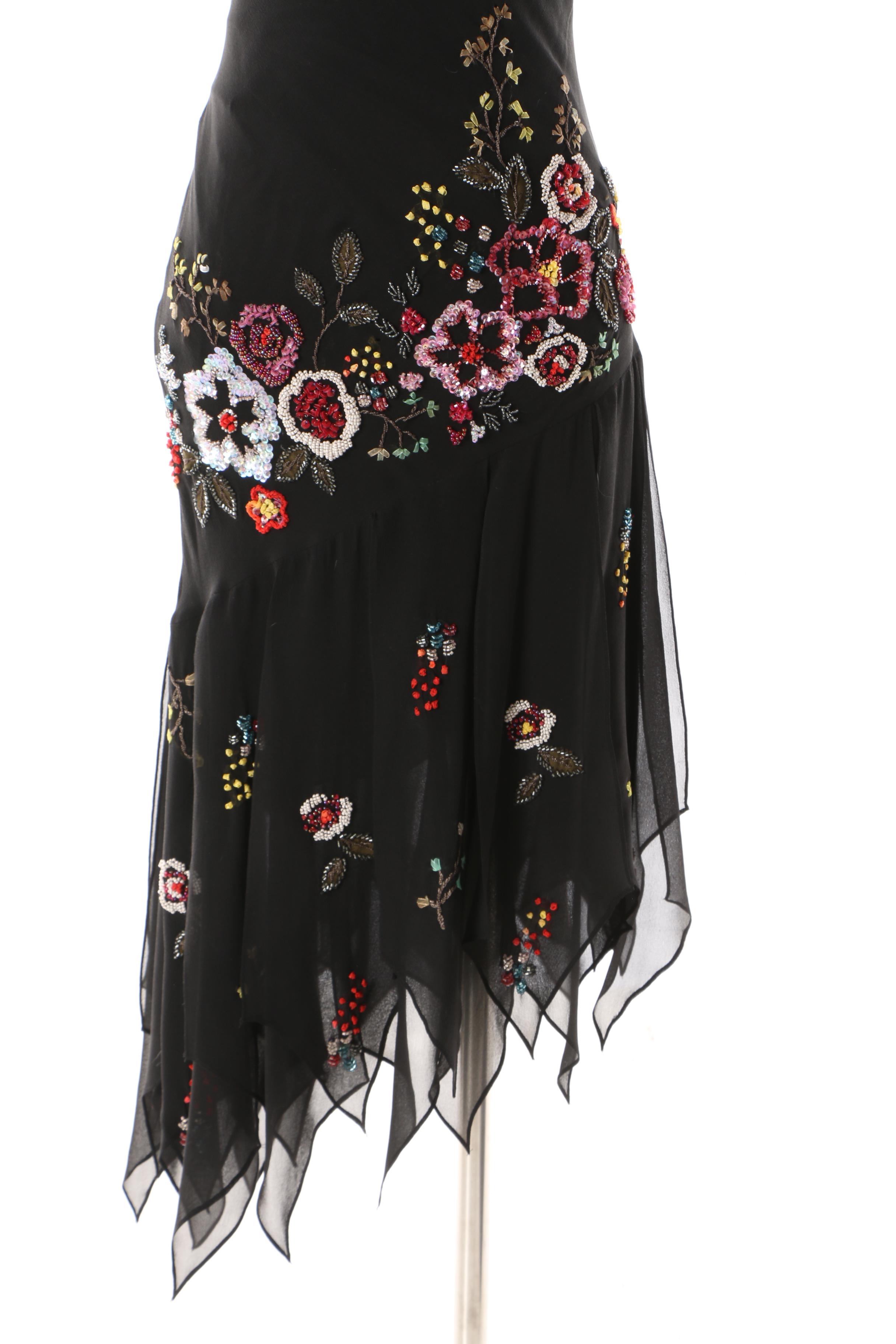 Sue Wong Nocturne Floral Embellished Silk Cocktail Dress with Asymmetric Hem