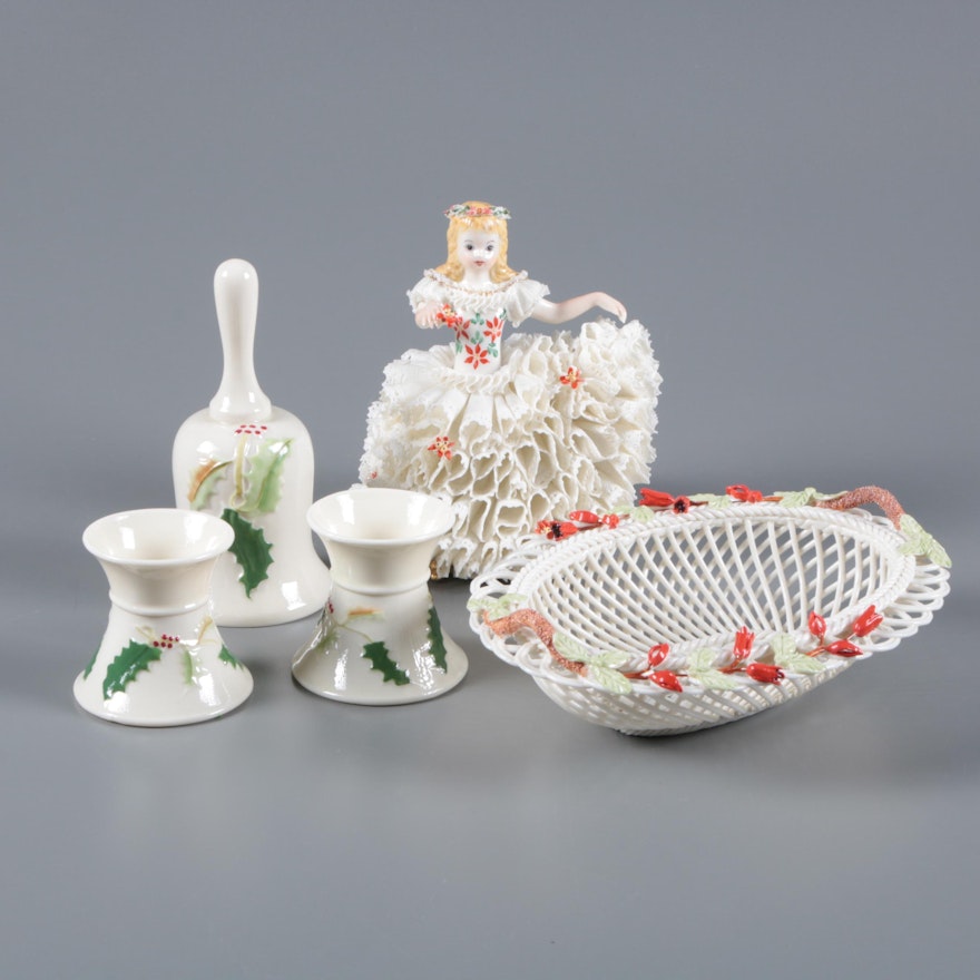 Belleek Porcelain Basket, Candleholders, and Bell with Dresden Lace Figurine