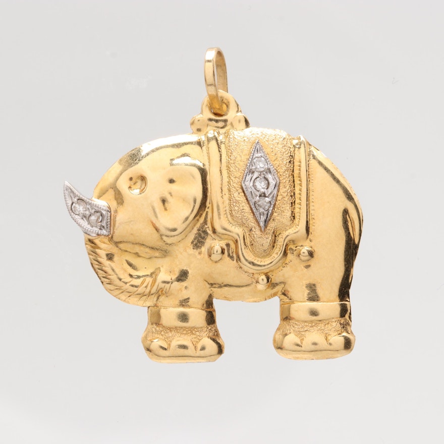 18K Yellow Gold Diamond Elephant Pendant with 14K White Gold Accents