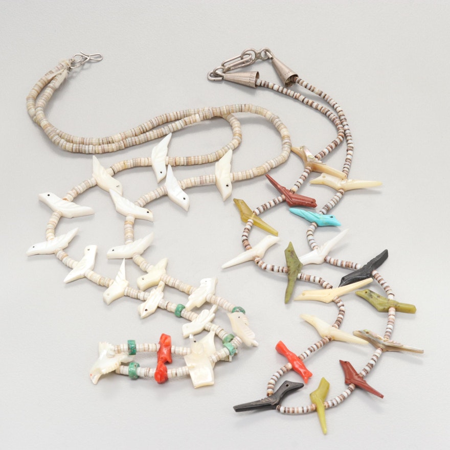 Southwestern Style Sterling Silver Shell and Gemstone Bird Fetish Necklaces