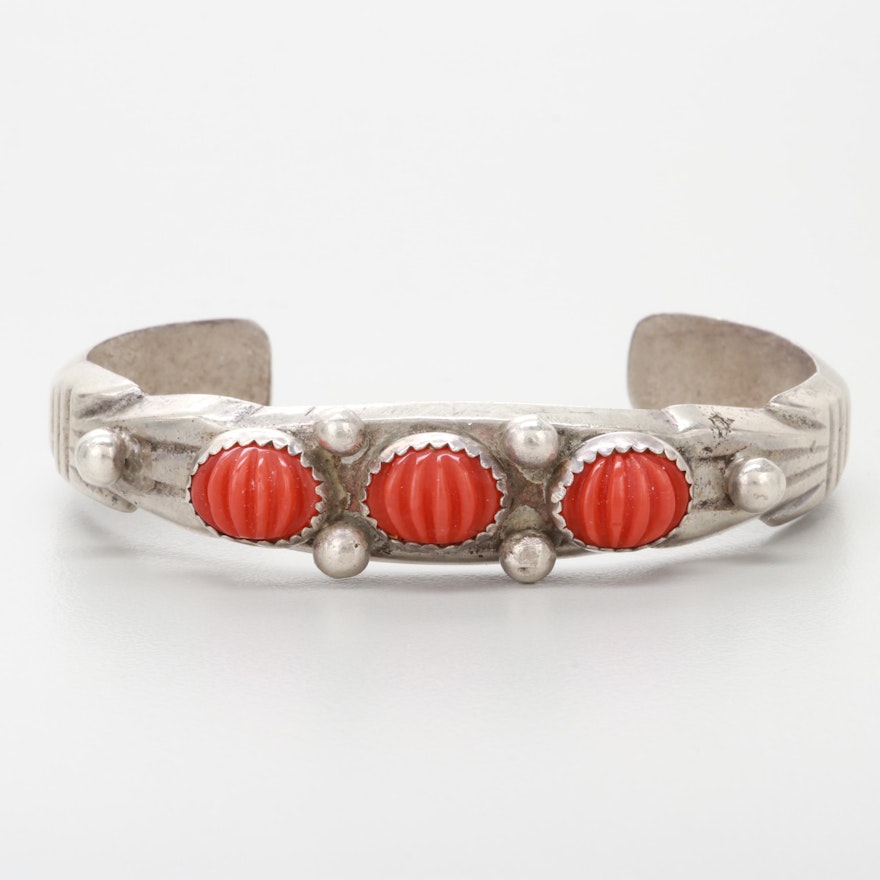 Southwestern Style Sterling Silver Carved Coral Cuff Bracelet