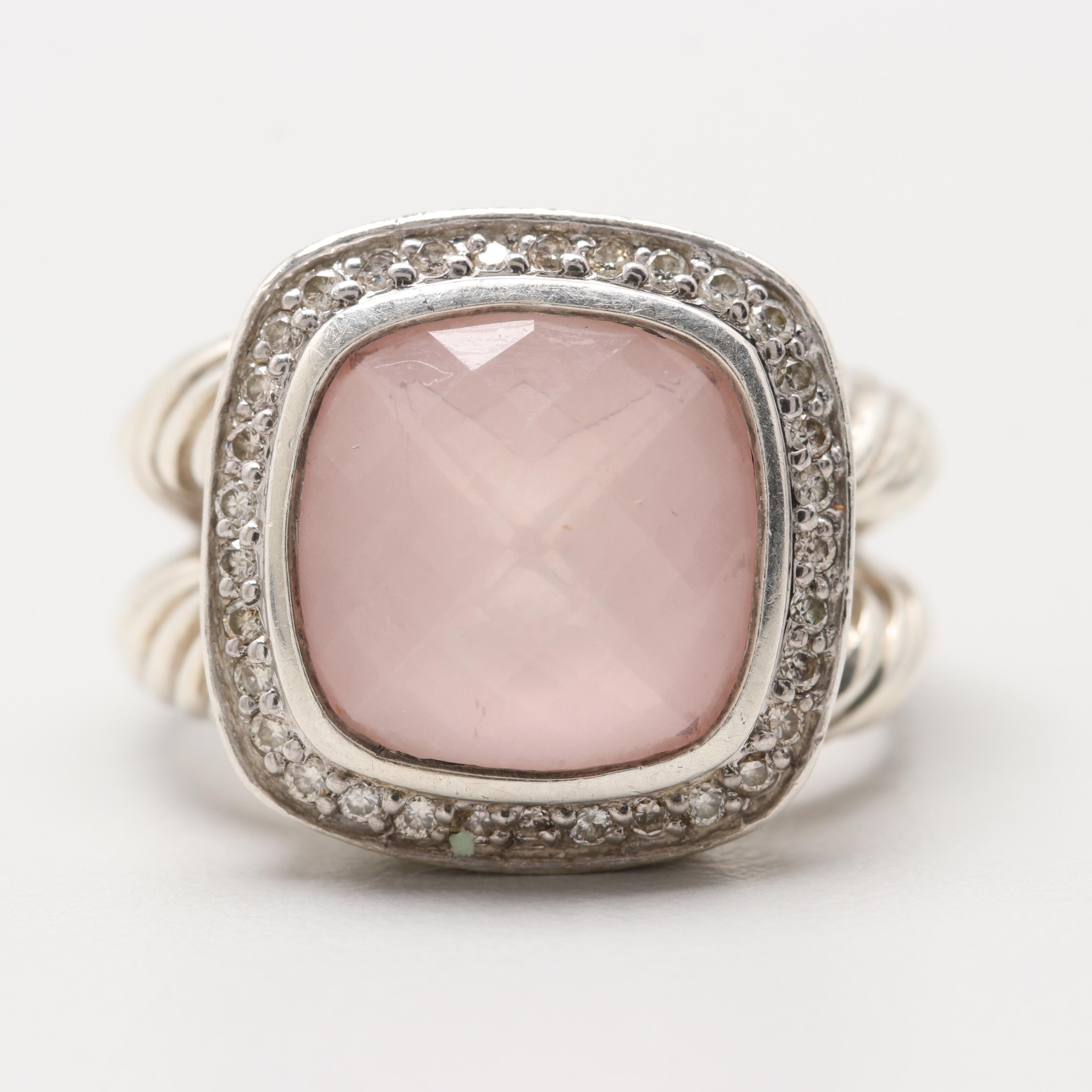 David Yurman "Albion" Sterling Silver Rose Quartz and Diamond Ring