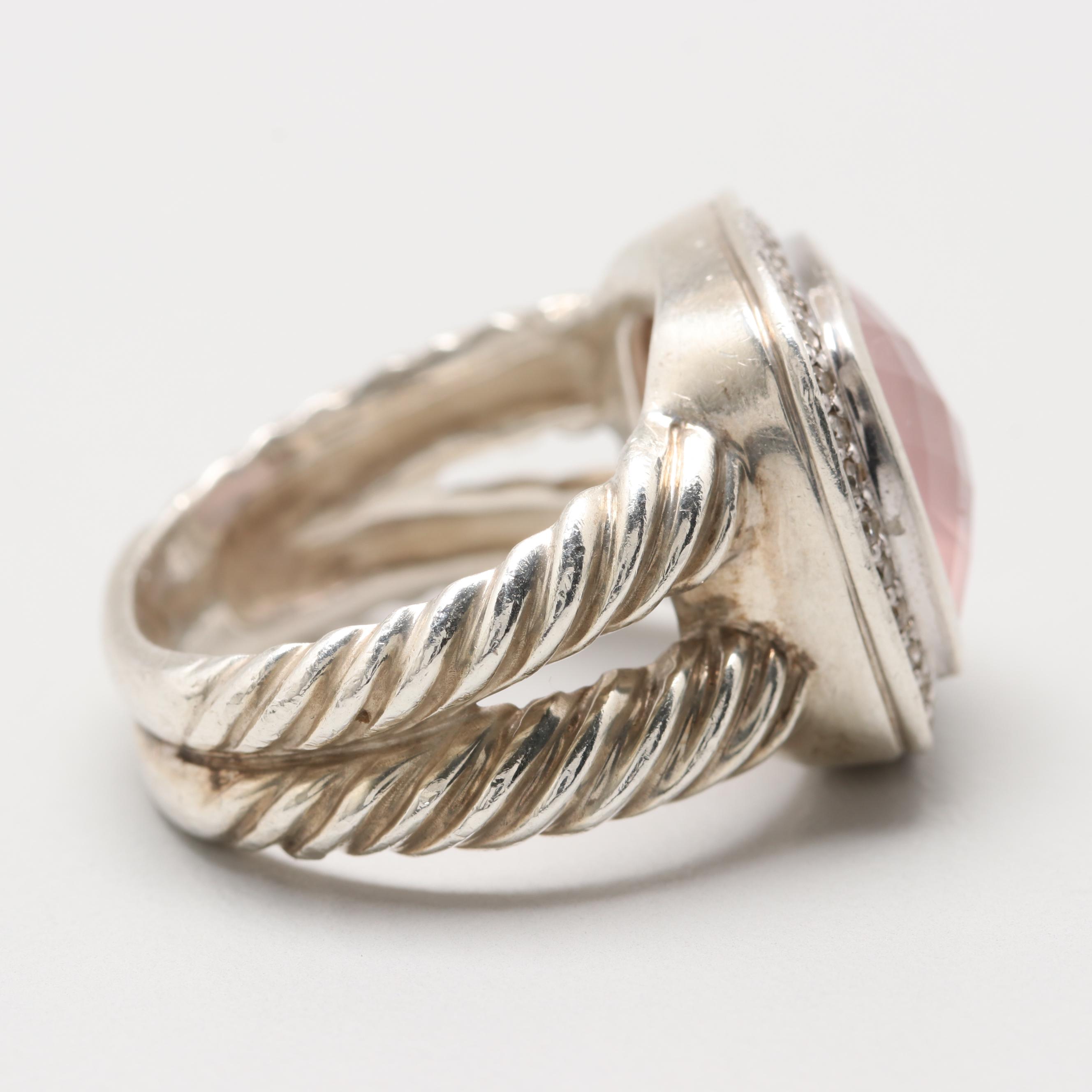 David Yurman "Albion" Sterling Silver Rose Quartz and Diamond Ring