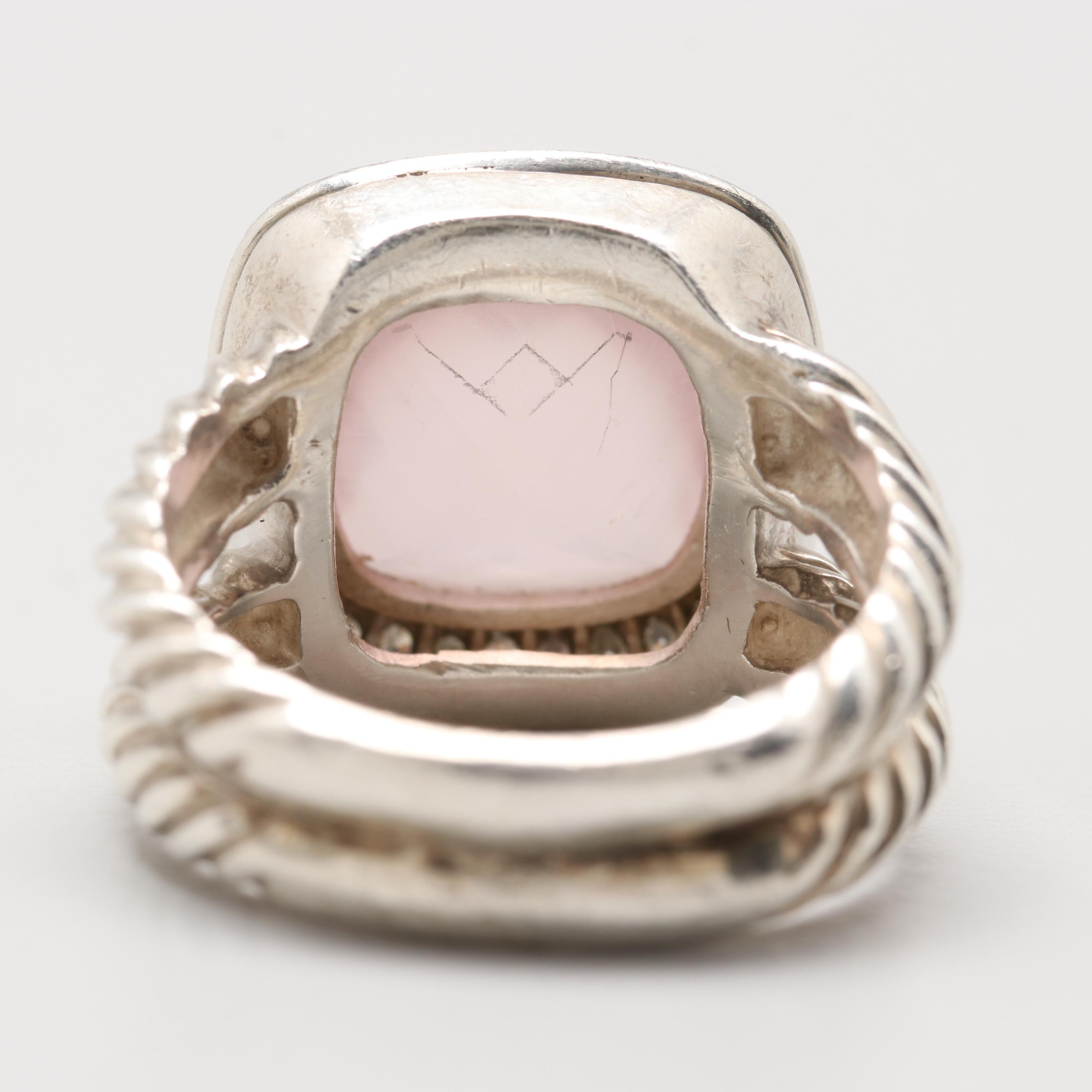 David Yurman "Albion" Sterling Silver Rose Quartz and Diamond Ring