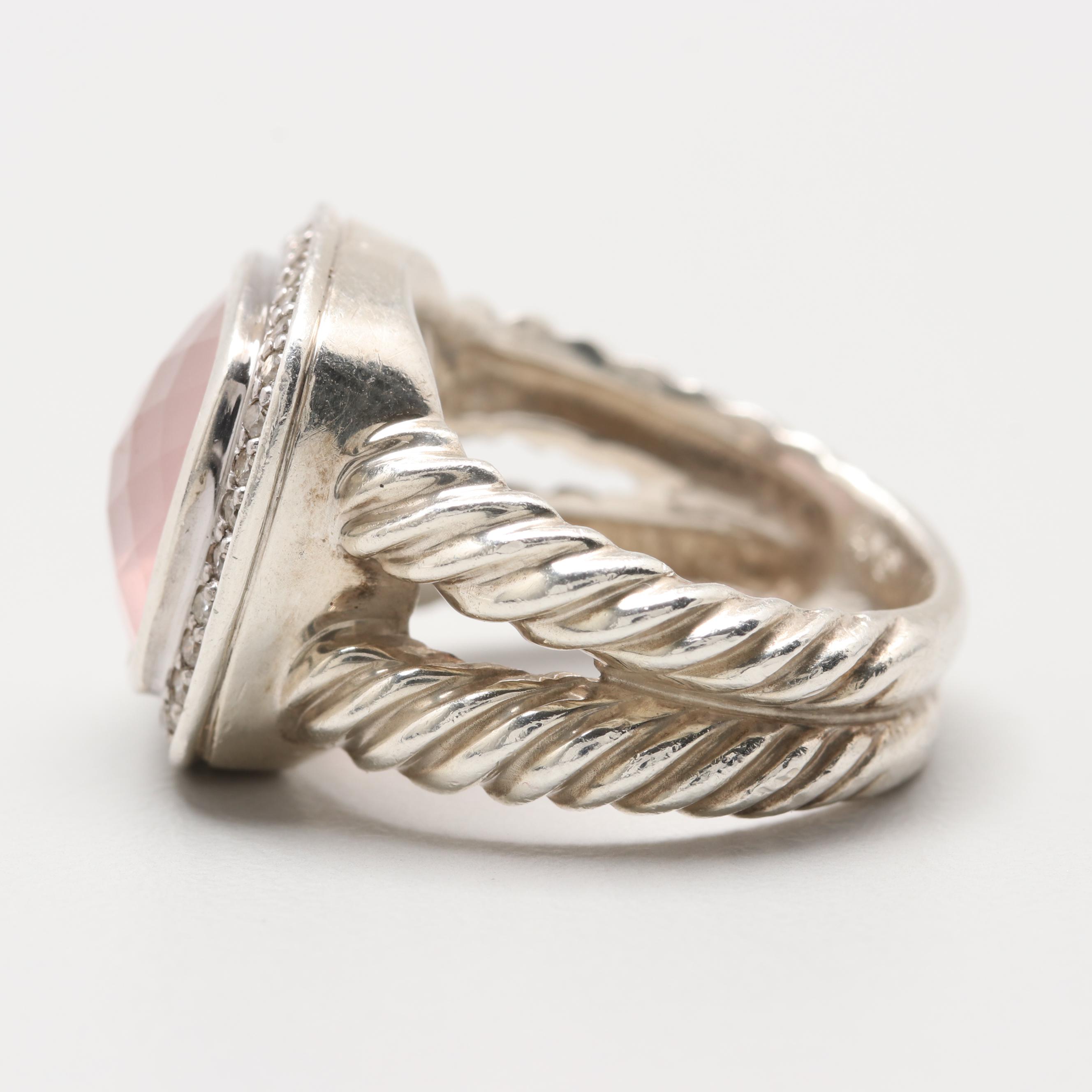 David Yurman "Albion" Sterling Silver Rose Quartz and Diamond Ring