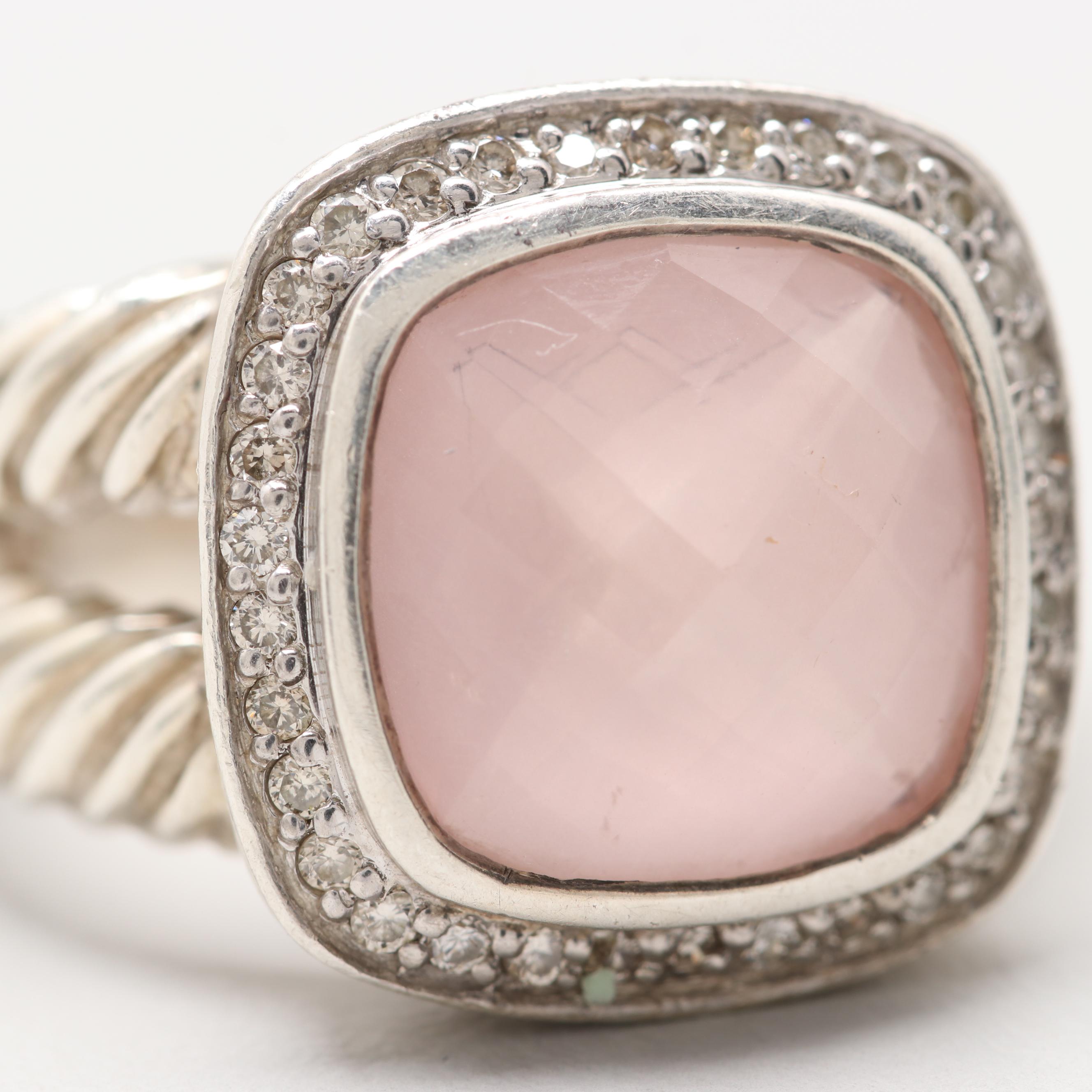 David Yurman "Albion" Sterling Silver Rose Quartz and Diamond Ring