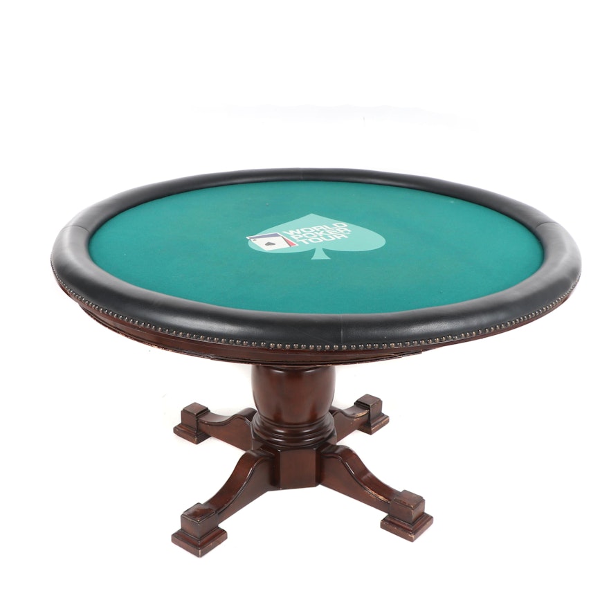 Mahogany Circular Game Table with "World Poker Tour" Felt Top Panel, 21st C.