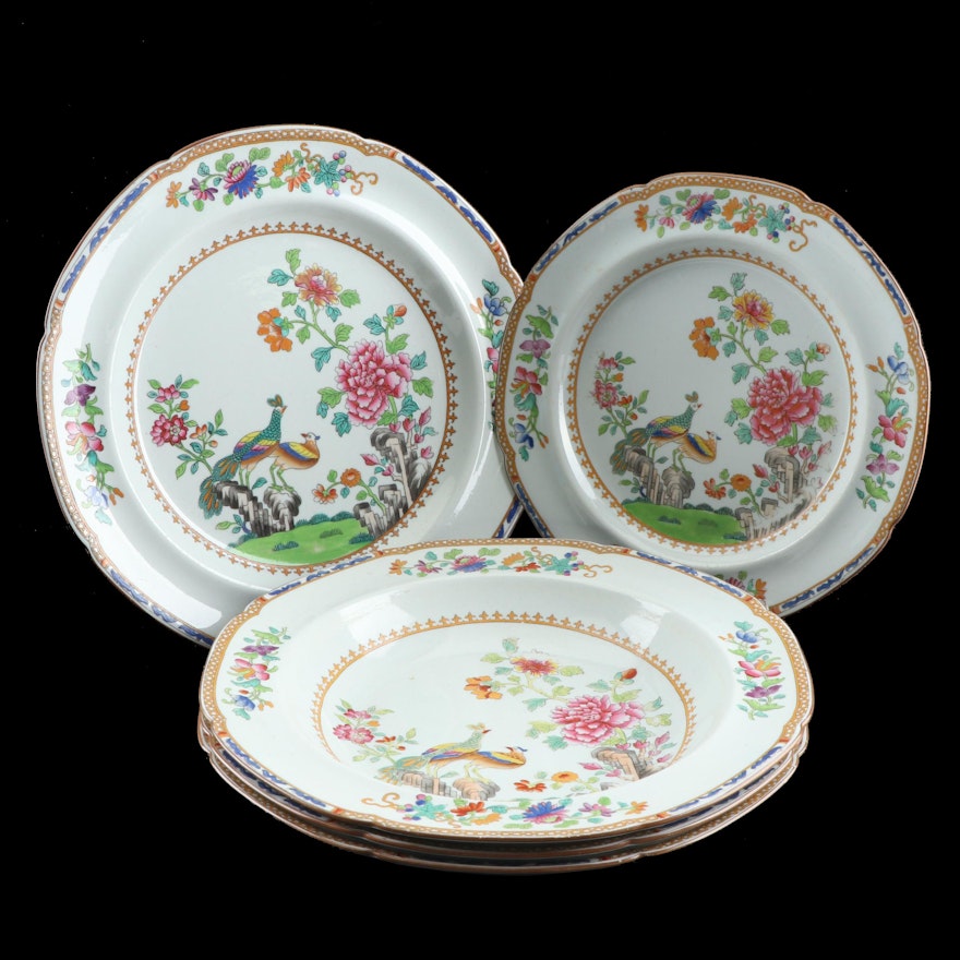 Copeland Spode "Peacock" Hand Colored Stone China Plates and Soup Bowls