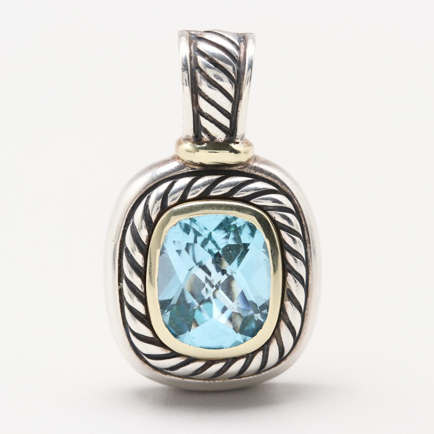 David Yurman "Albion" Sterling Blue Topaz Pendant with 14K Yellow Gold Accent