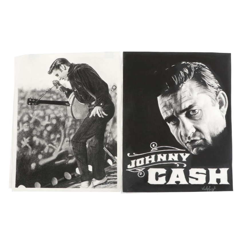 Vernon Walker Johnny Cash and Elvis Charcoal Drawings