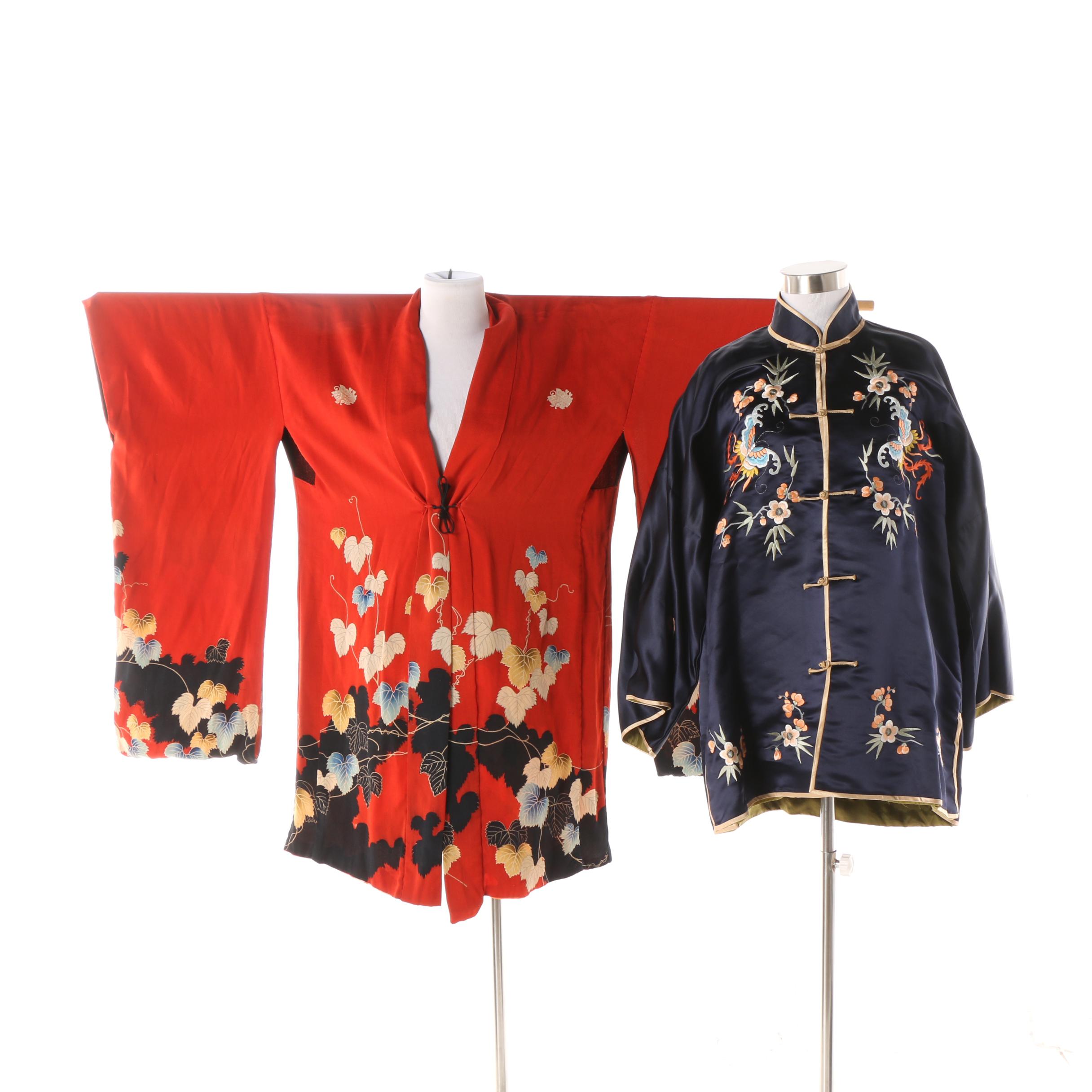 Japanese Handwoven Silk Haori Jacket and Chinese Embroidered Tangzhuang Jacket