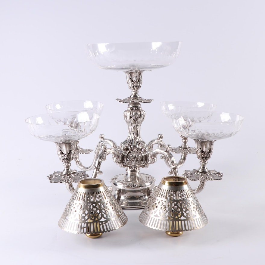 Reed & Barton Silver Plate and Glass Epergne with Candle Holders