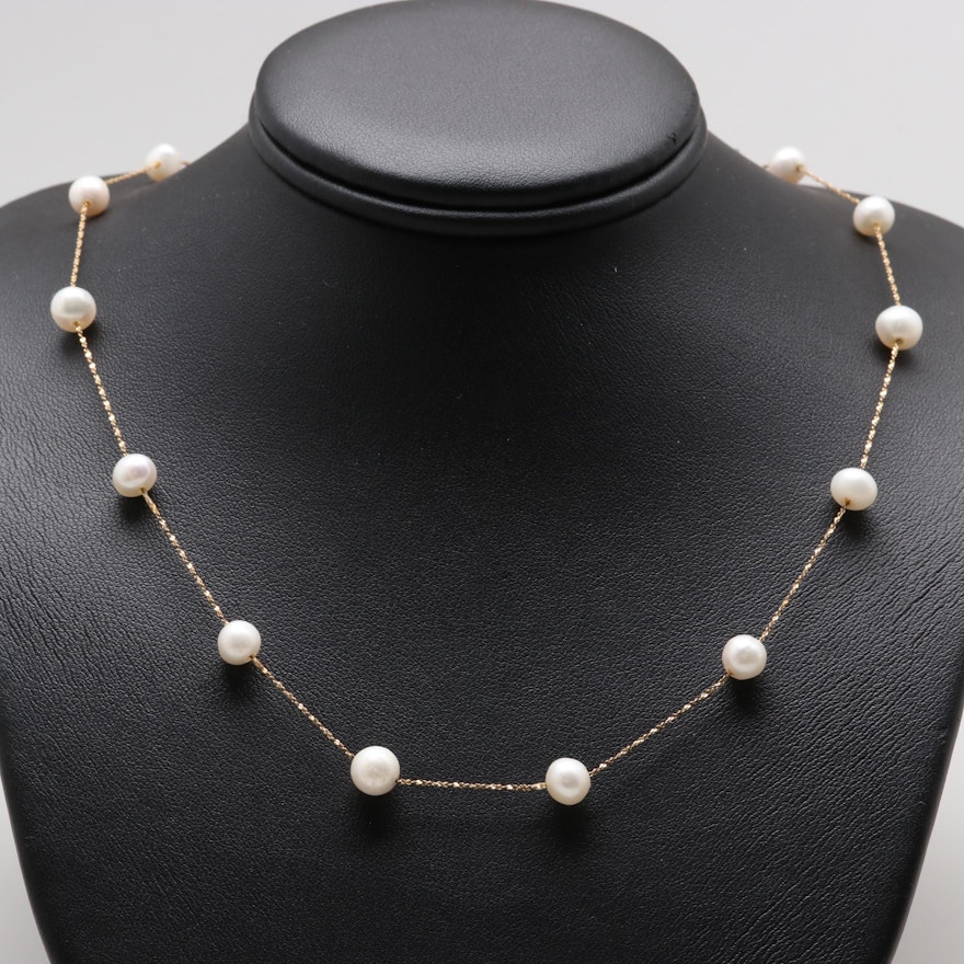 Italian 14K Yellow Gold Cultured Pearl Station Necklace