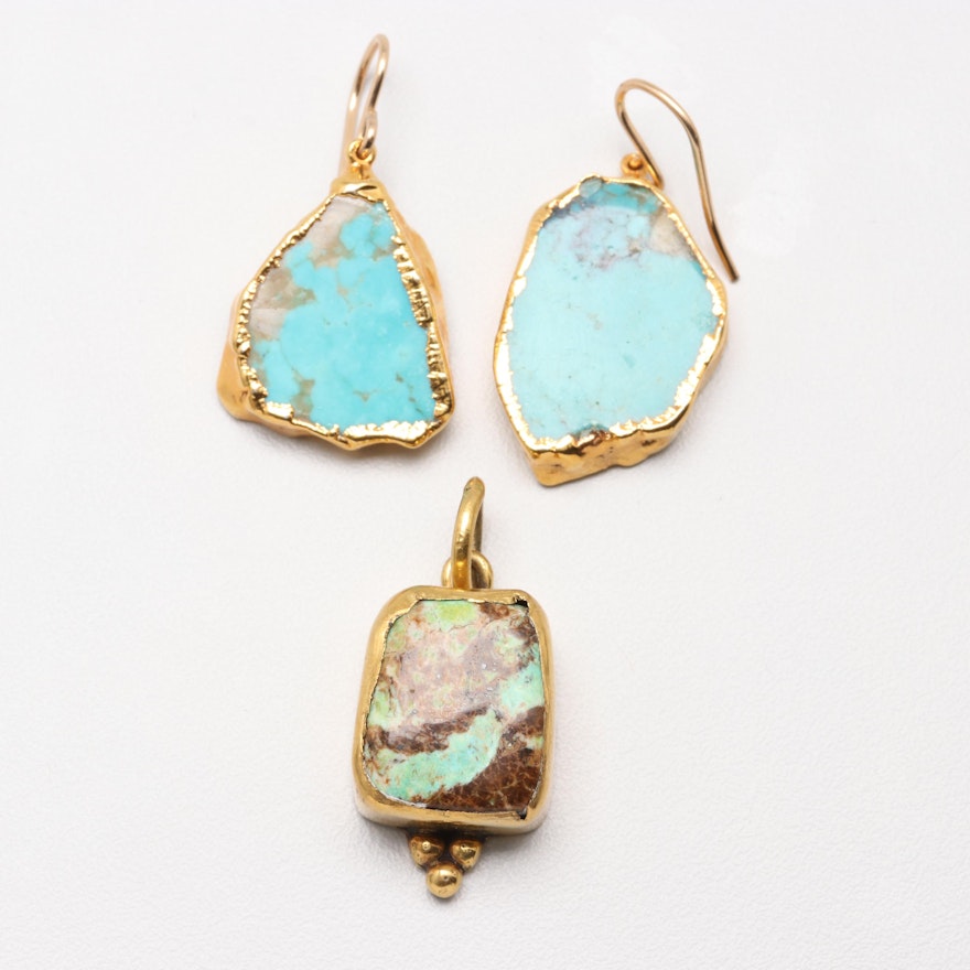 Gold Tone Turquoise and Crysacolla Pendant and Earrings