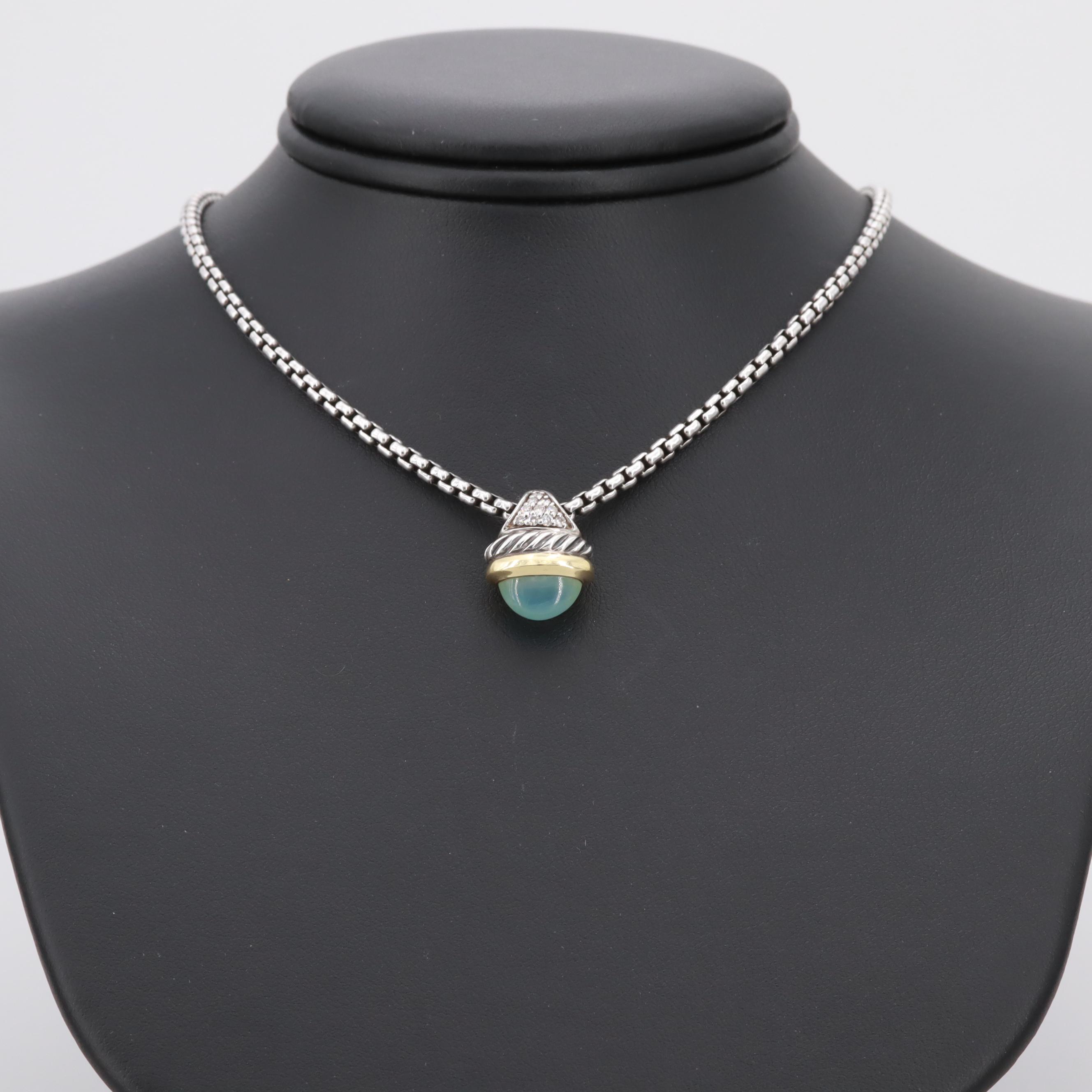 David Yurman Sterling Silver Diamond and Opal Necklace