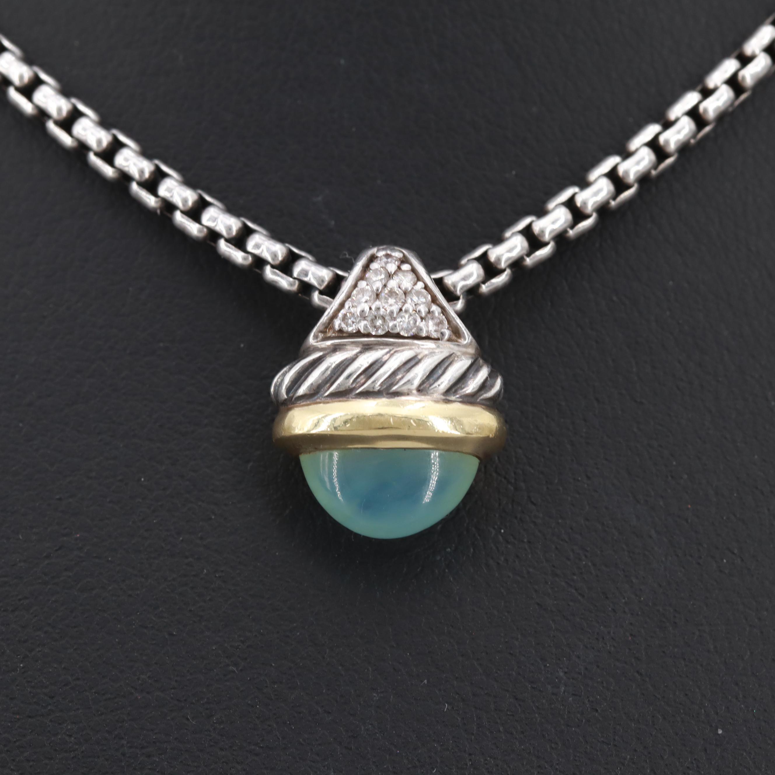David Yurman Sterling Silver Diamond and Opal Necklace