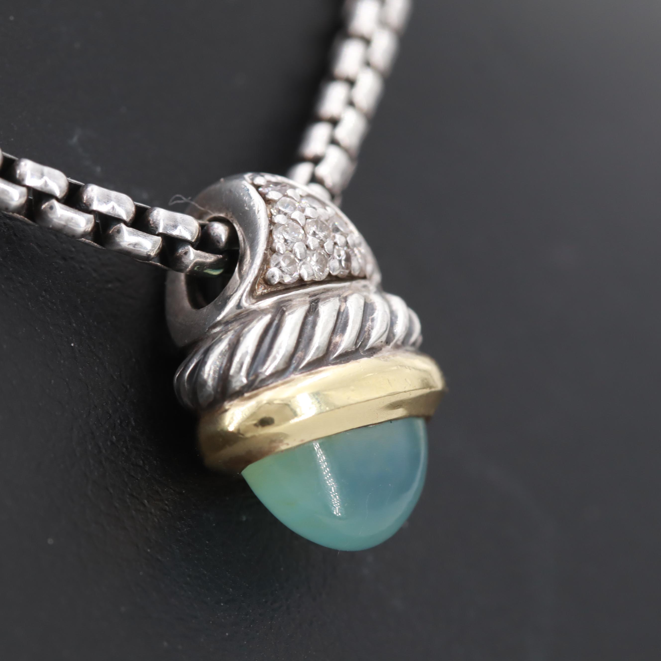 David Yurman Sterling Silver Diamond and Opal Necklace