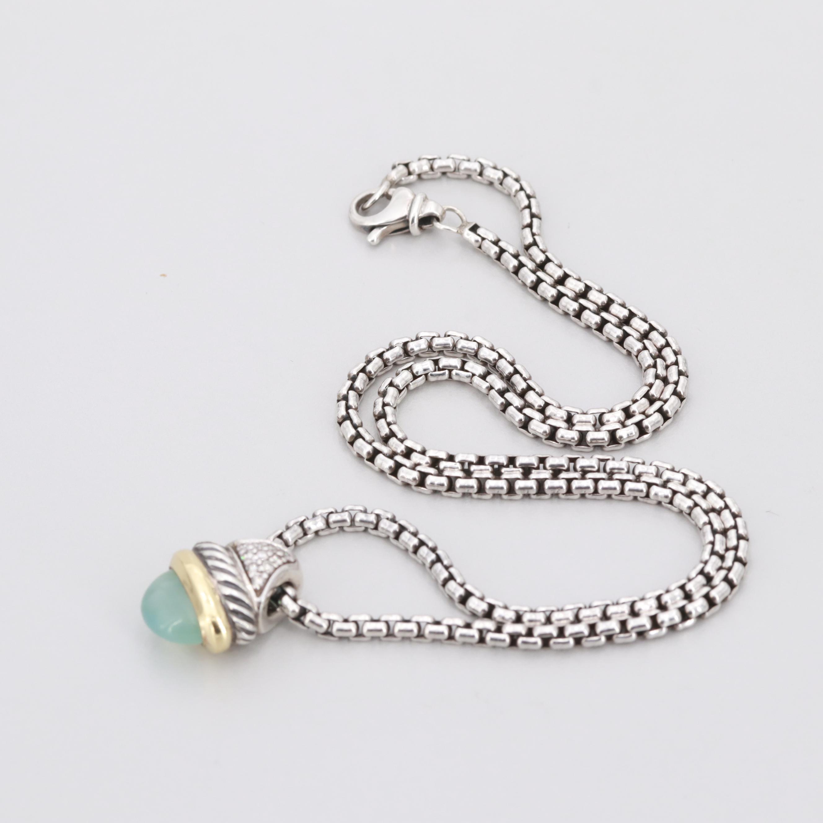David Yurman Sterling Silver Diamond and Opal Necklace