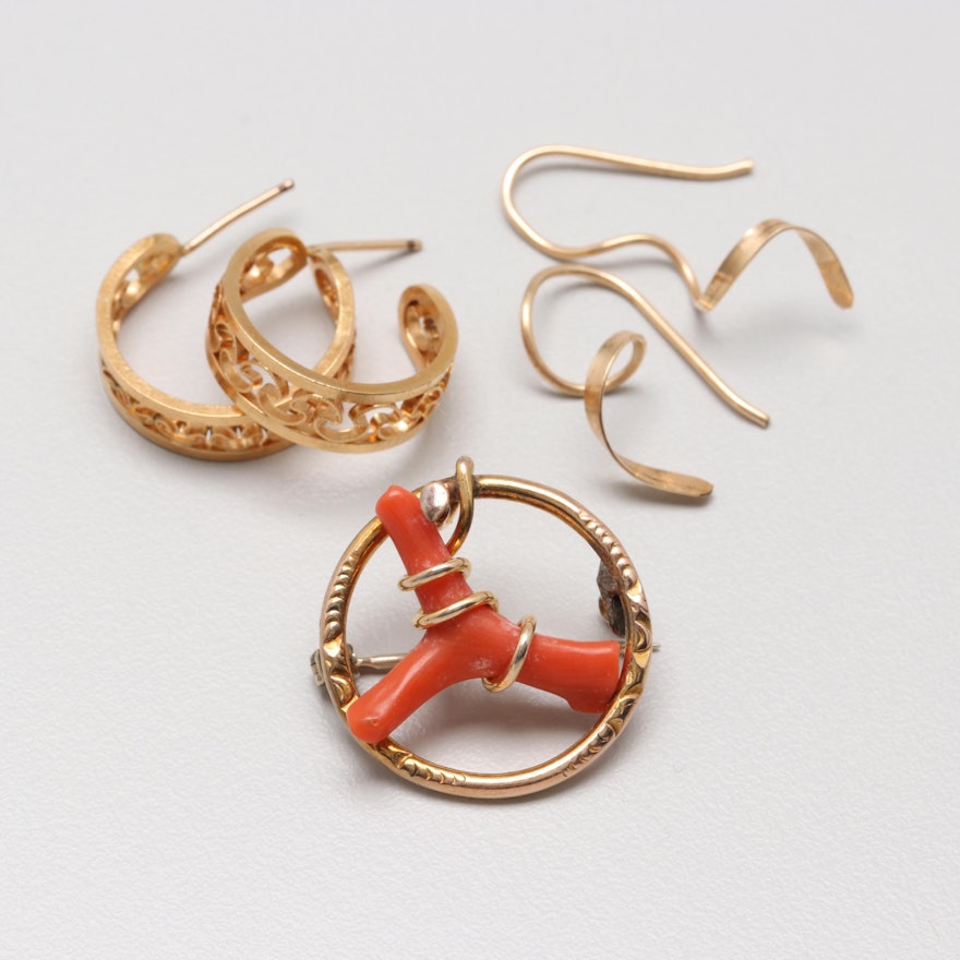 Goldtone Earrings with Vintage Coral Brooch