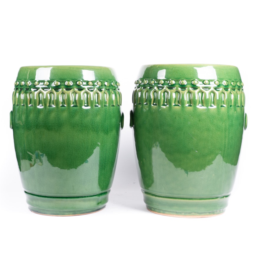 Green Ceramic Chinese Garden Stools, 21st Century