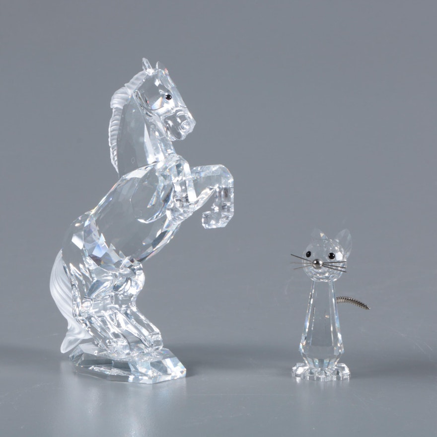 Swarovski Crystal "Stallion" and "Tall Cat" Figurines