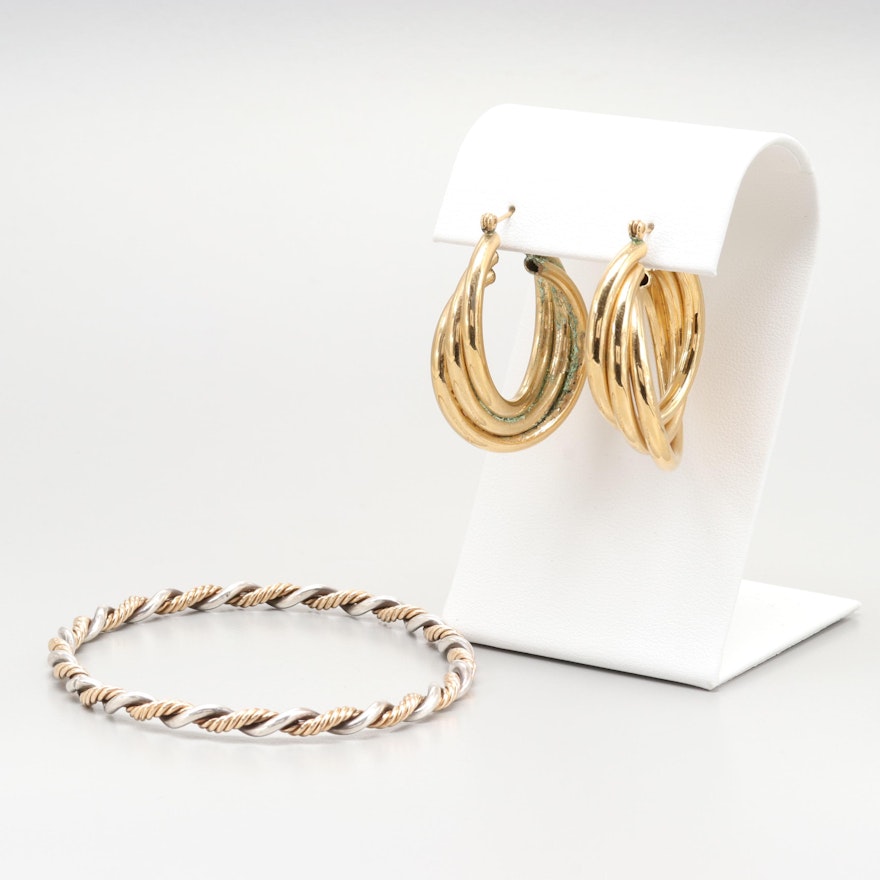 Sterling Silver and Goldtone Bangle With Tubular Goldtone Hoops