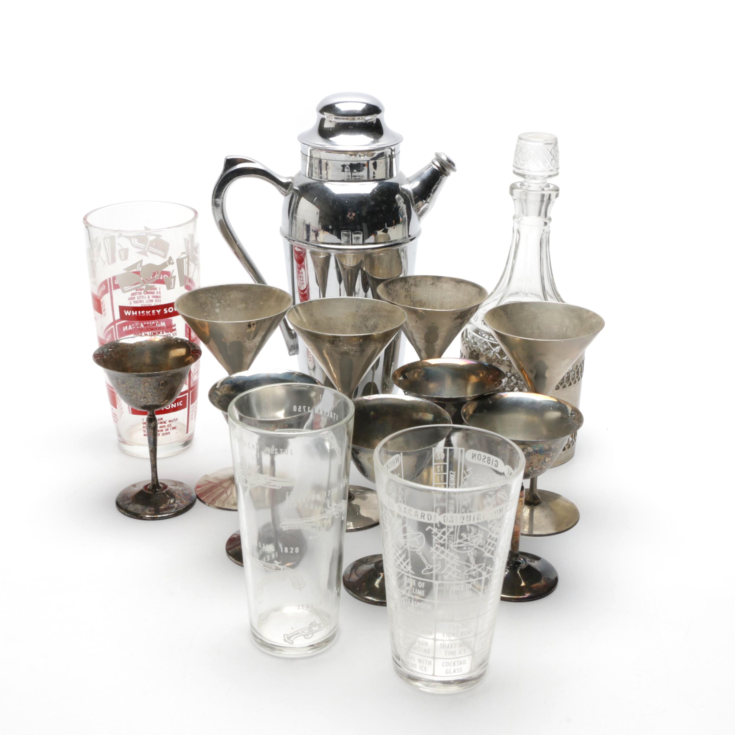 Silver Plate Martini Shaker, Decanter, Martini Glasses and Mixing Glasses