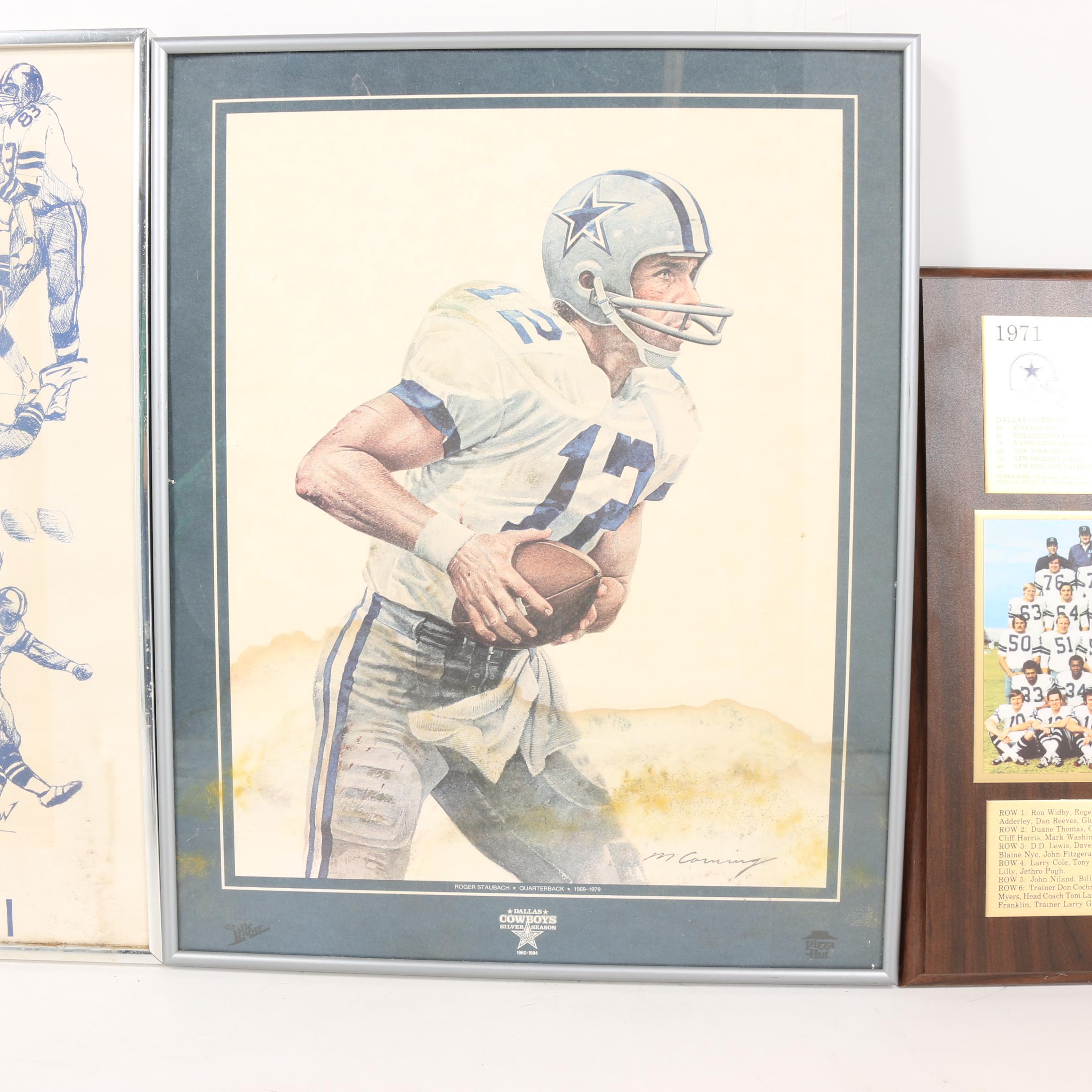 Dallas Cowboys 25th Anniversary and Superbowl 13 Prints With 1971 Team Plaque