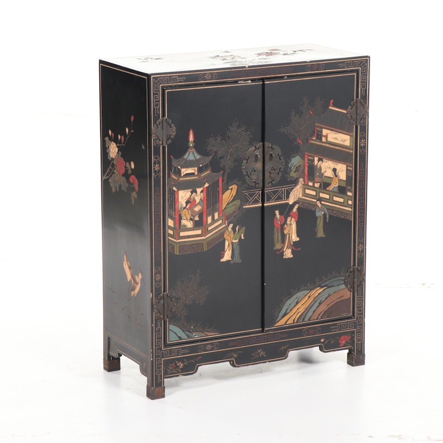 Chinese Black Lacquer Carved Wood Two-Door Cabinet, Mid-20th Century