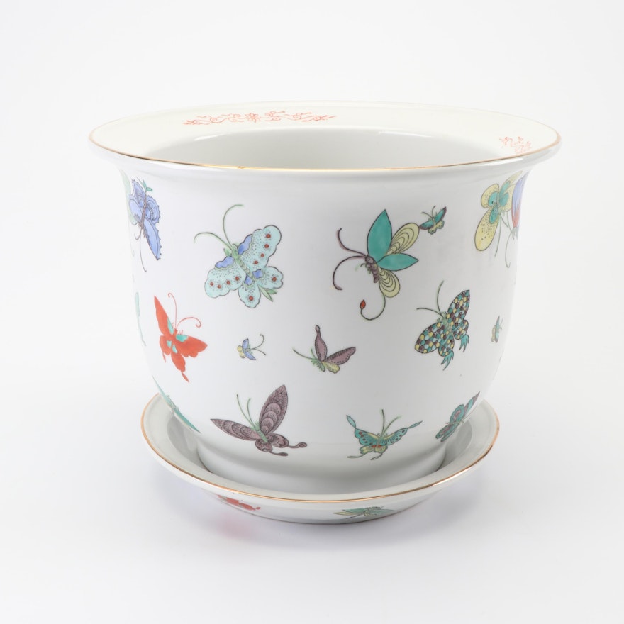 Hand-Painted Chinese Ceramic Planter with Butterfly Motif