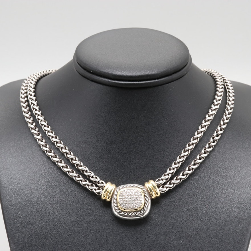 David Yurman "Albion" Sterling Diamond Necklace with 18K Yellow Gold Accent