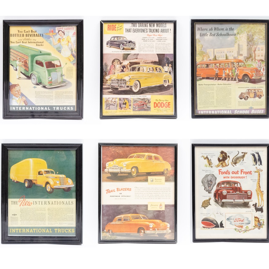 Post War Automobile Ads including International, Dodge, Ford and Kaiser