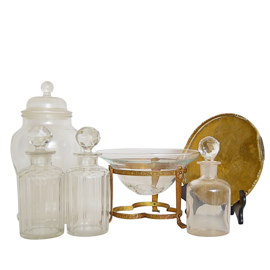 Vintage Glassware with Brass Tray
