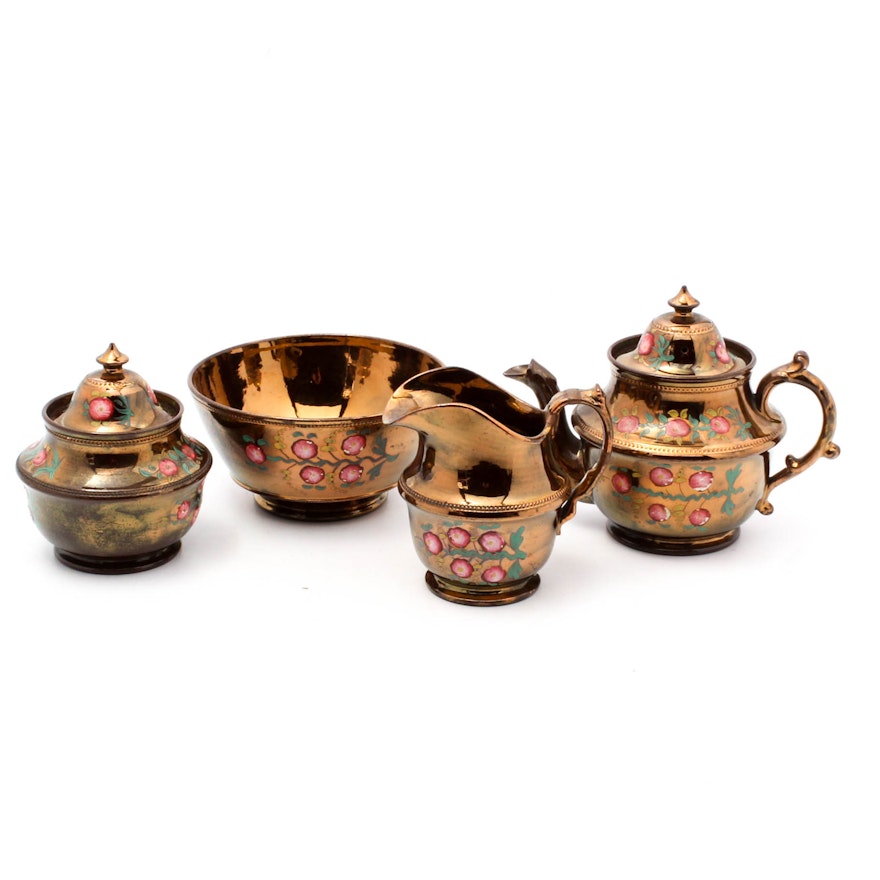 Hand-Painted Copper Luster Ceramic Tea Set with Bowl