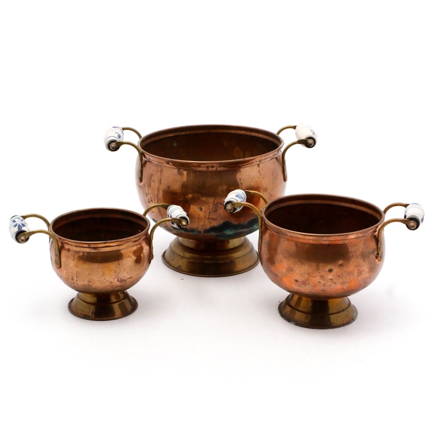 Antique Dutch Copper Footed Bowls with Porcelain Handles