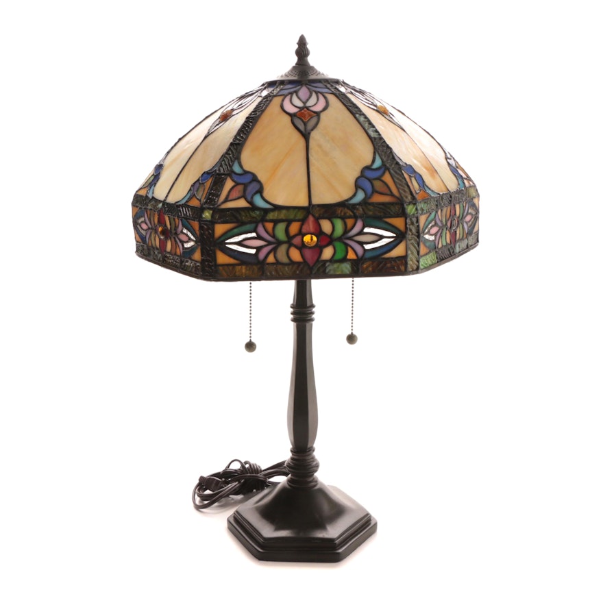Cast Metal Table Lamp with Stained and Slag Glass Shade