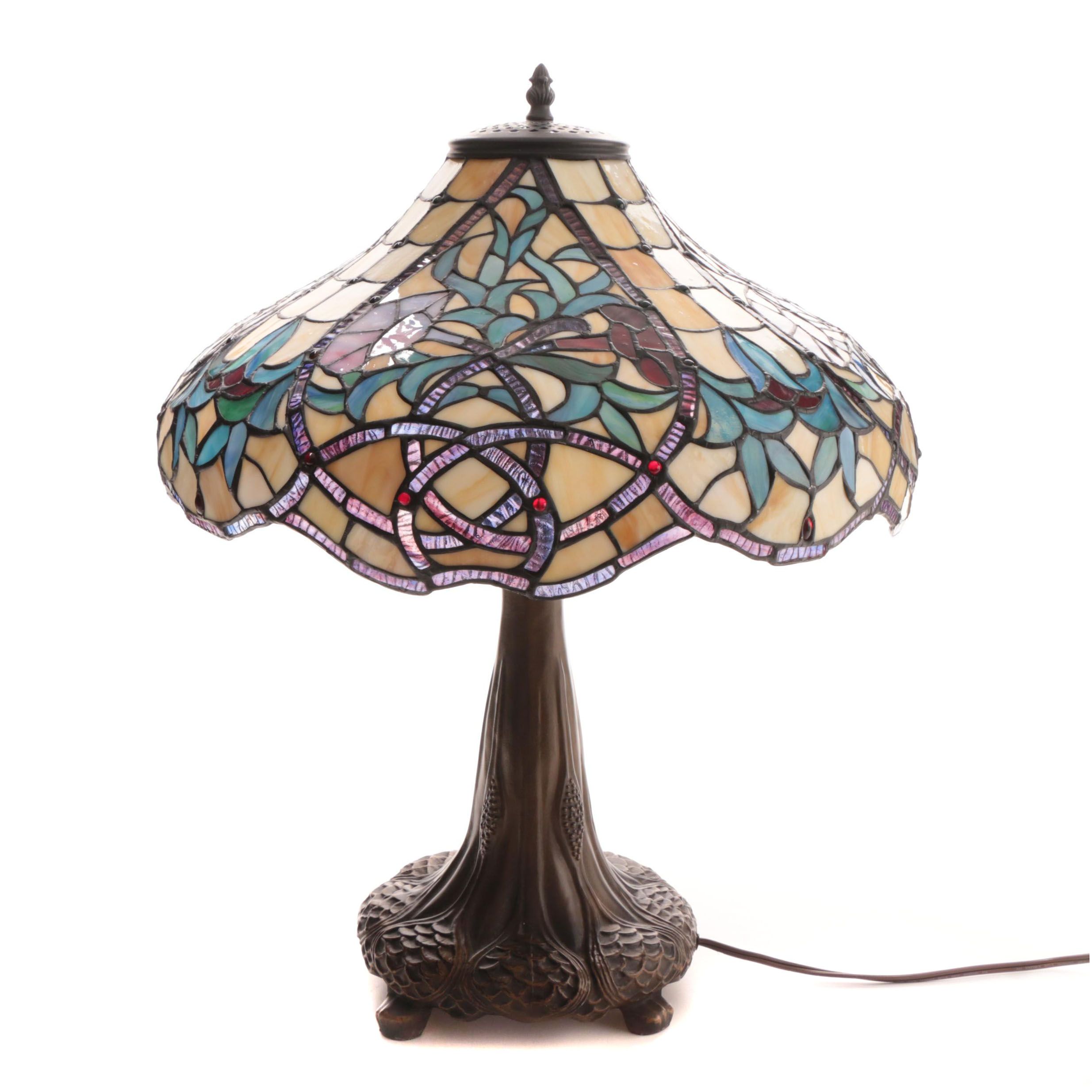 Cast Metal Table Lamp with Slag and Stained Glass Shade