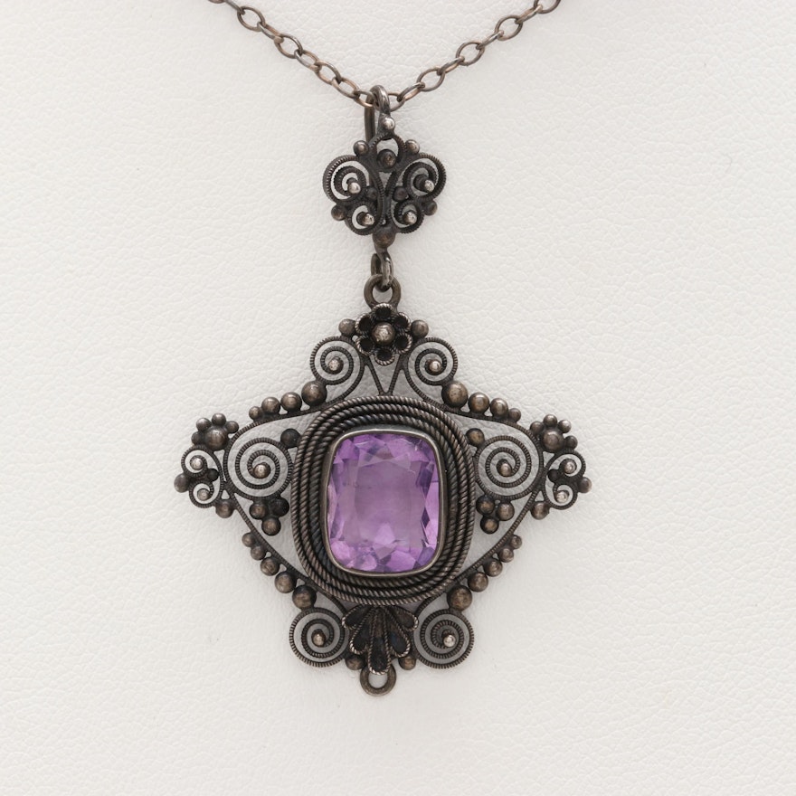 Antique 900 Silver Amethyst Necklace