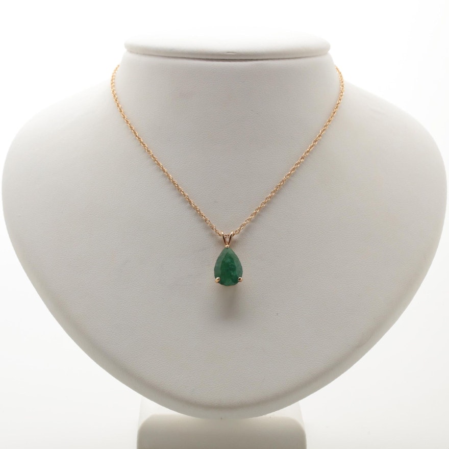 14K Yellow Gold 3.85 CT Emerald Teardrop Pendant Necklace