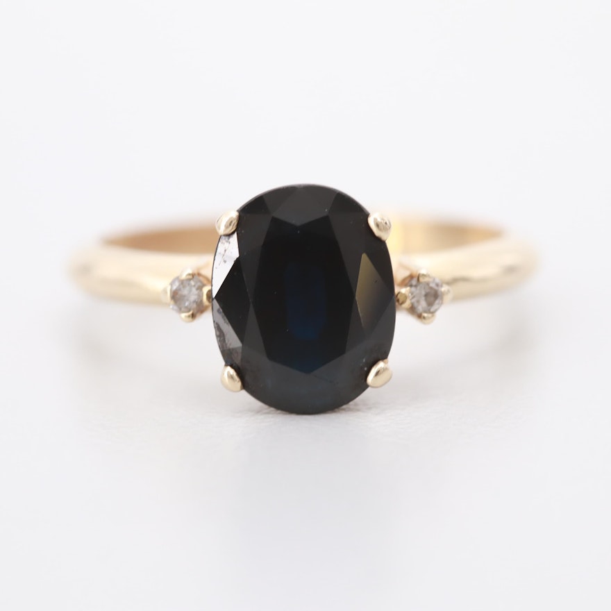 14K Yellow Gold Blue Sapphire and Diamond Ring