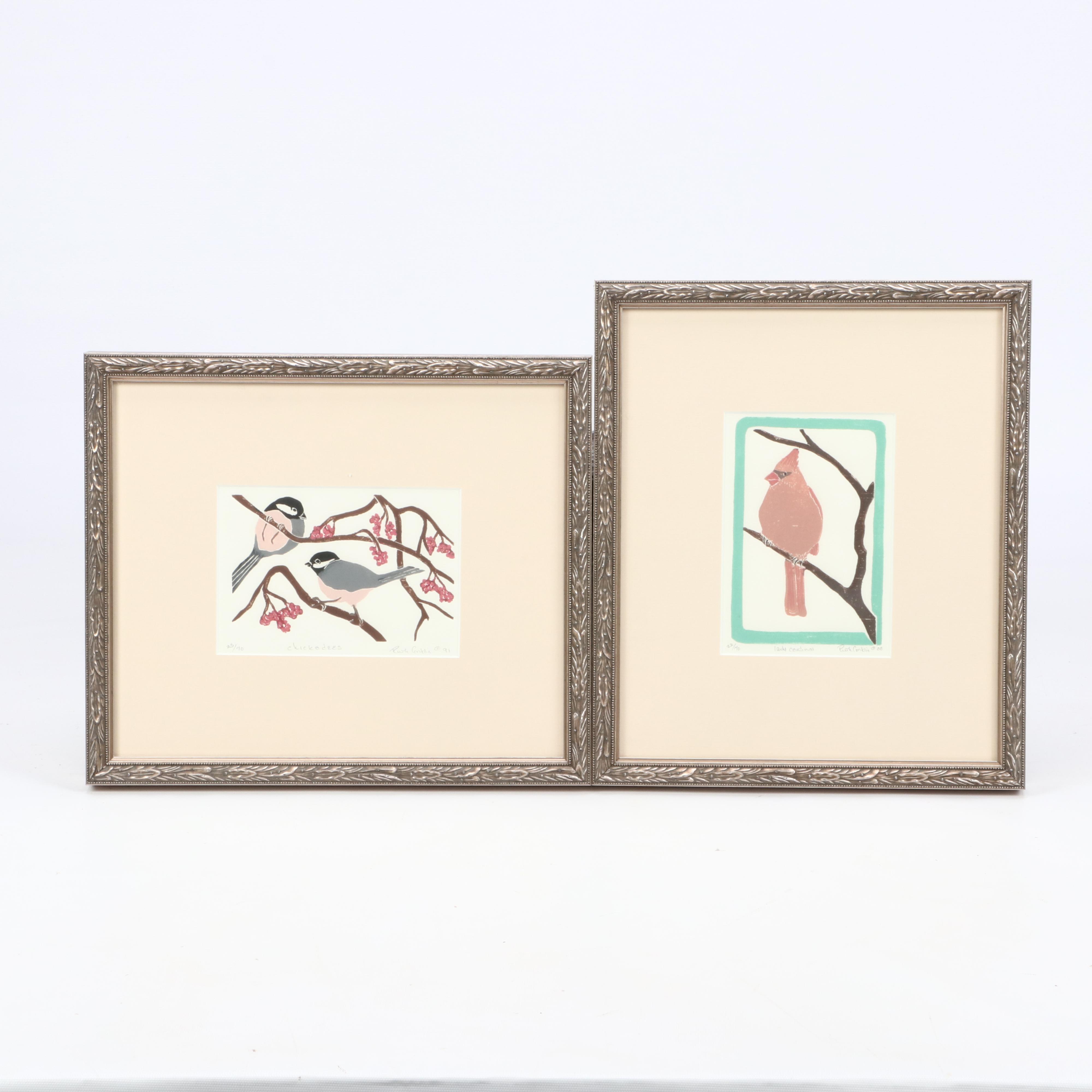 Ruth Conklin Block Relief Prints "Lady Cardinal" and "Chickadees"