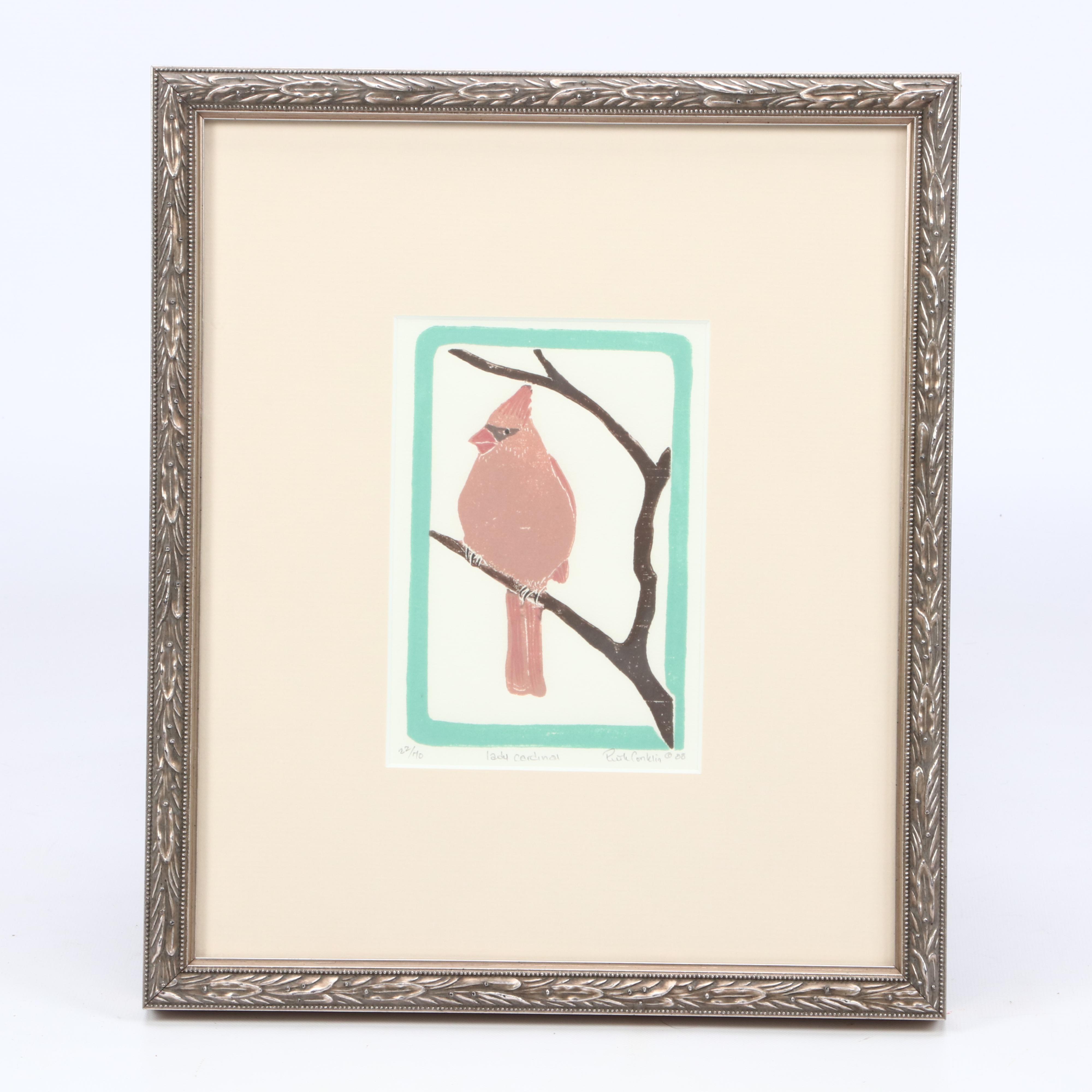 Ruth Conklin Block Relief Prints "Lady Cardinal" and "Chickadees"