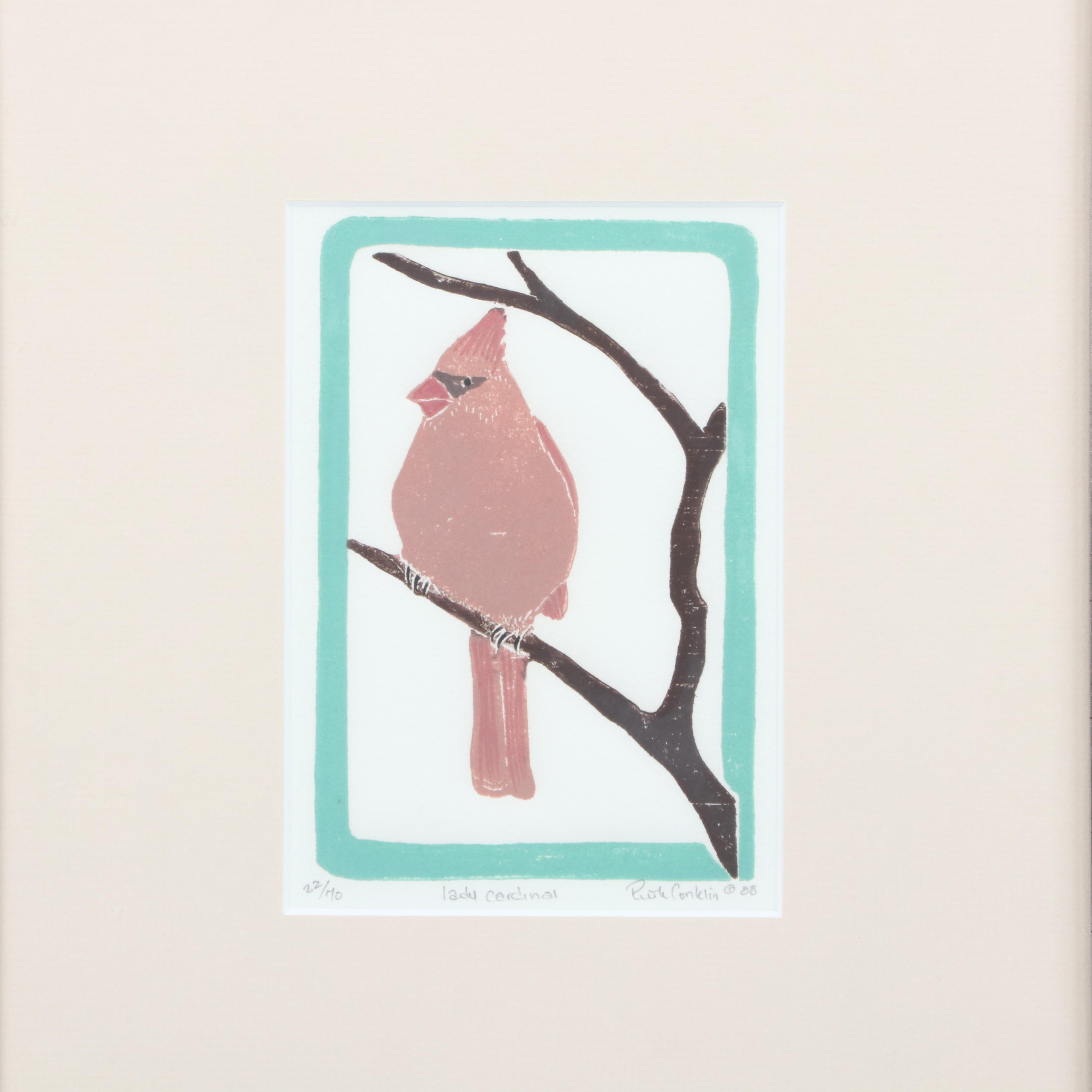 Ruth Conklin Block Relief Prints "Lady Cardinal" and "Chickadees"
