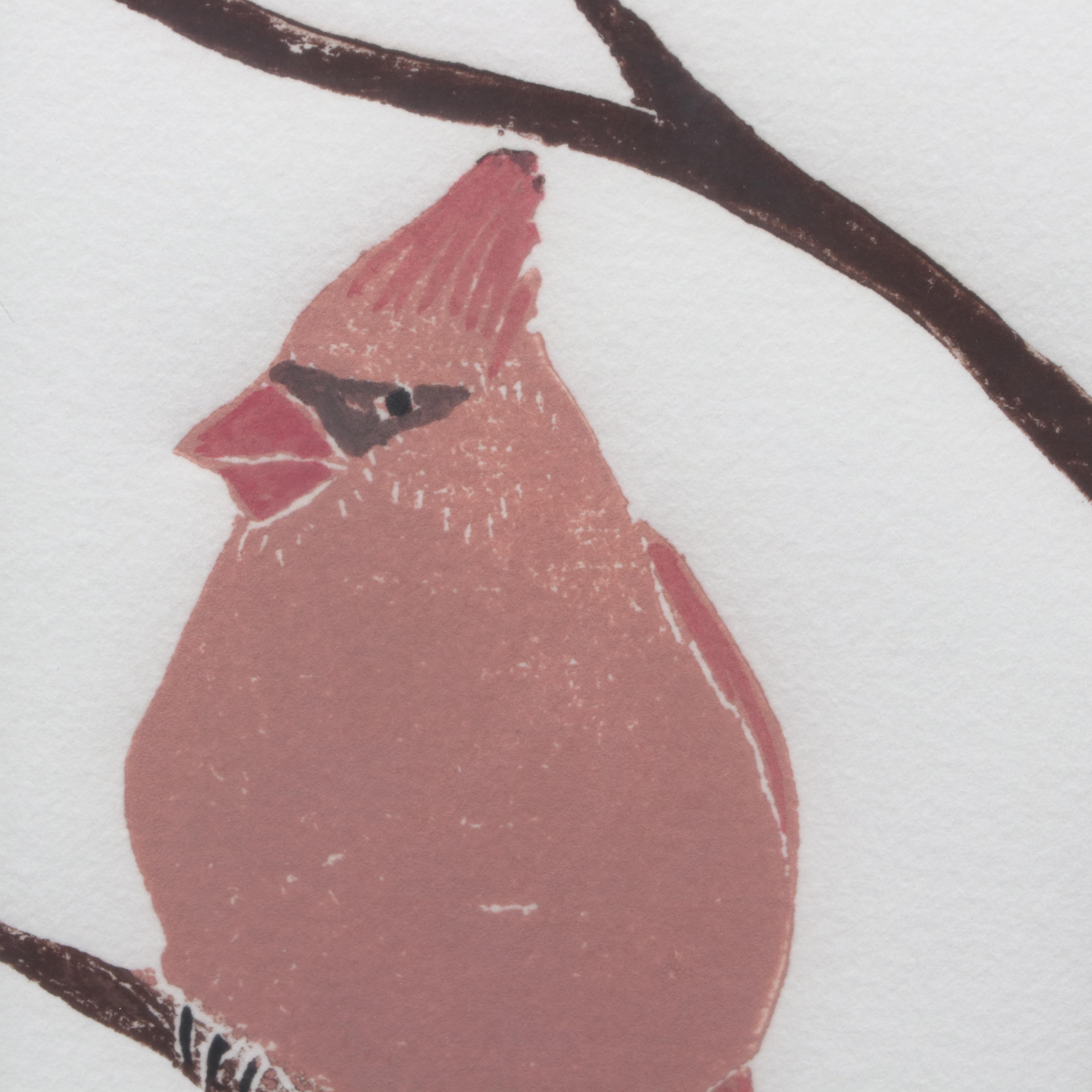 Ruth Conklin Block Relief Prints "Lady Cardinal" and "Chickadees"